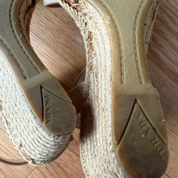 Prada Patent Leather Nude Espadrille Wedge Sandals Size 36.5 US 6.5 - Picture 4 of 9